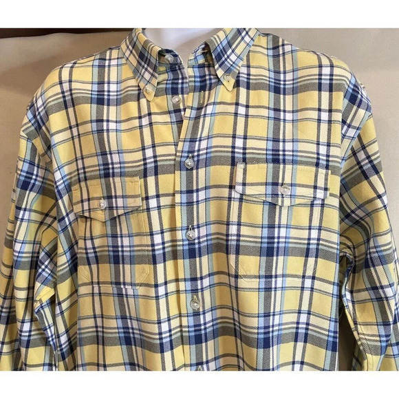Paul Fredrick XL Long Sleeve Button Up Shirt Plaid Yellow Blue Trim Fit FLAW - Picture 2 of 8